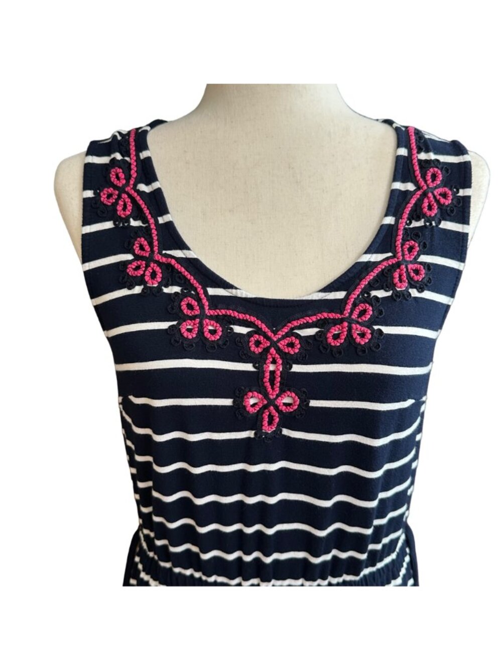 Talbots Dress Women M Petite Navy Blue White Striped Pink Embroidered Maxi Dress - Picture 6 of 16